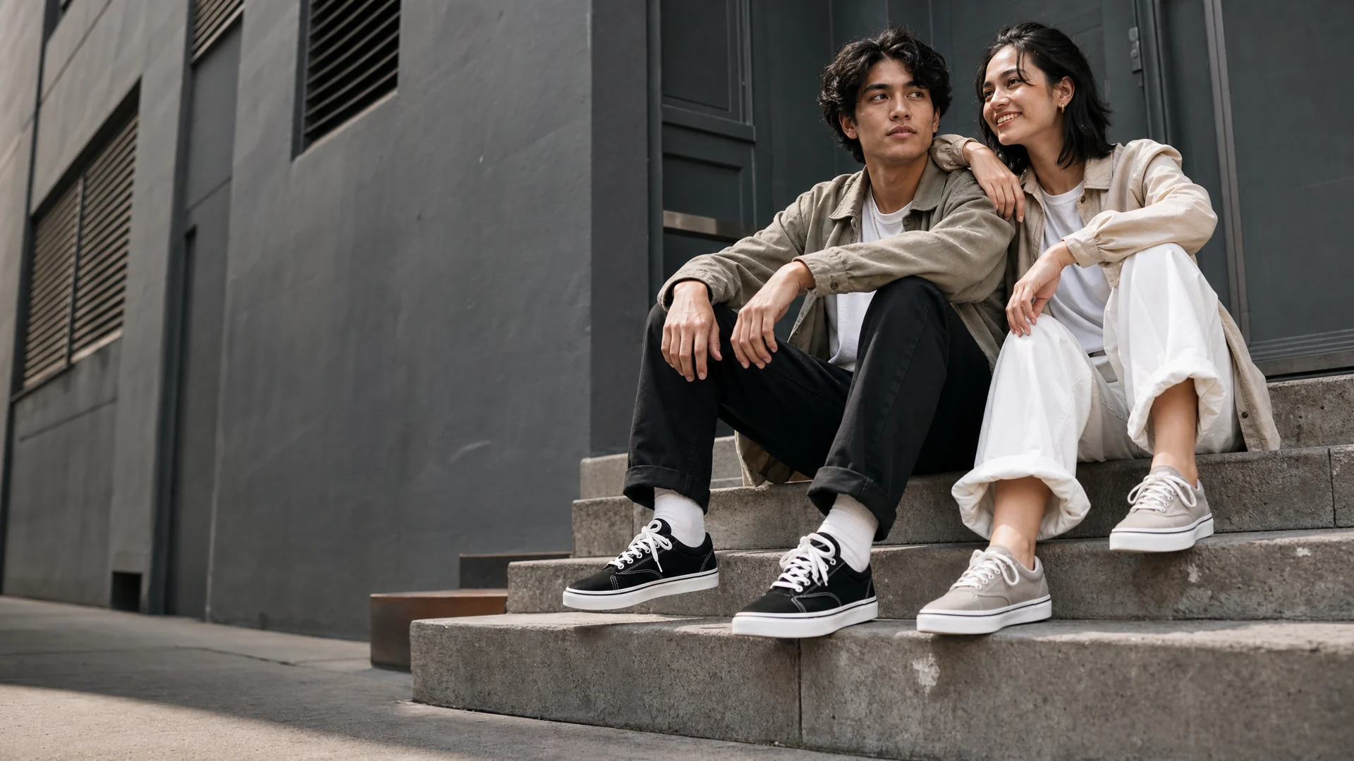 A couple sitting on city steps wearing casual low-top trainers.